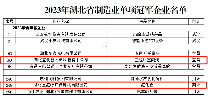 宜化新材料、宜氟特環(huán)保公司獲評2023年湖北省制造業(yè)單項冠軍企業(yè)(圖1)