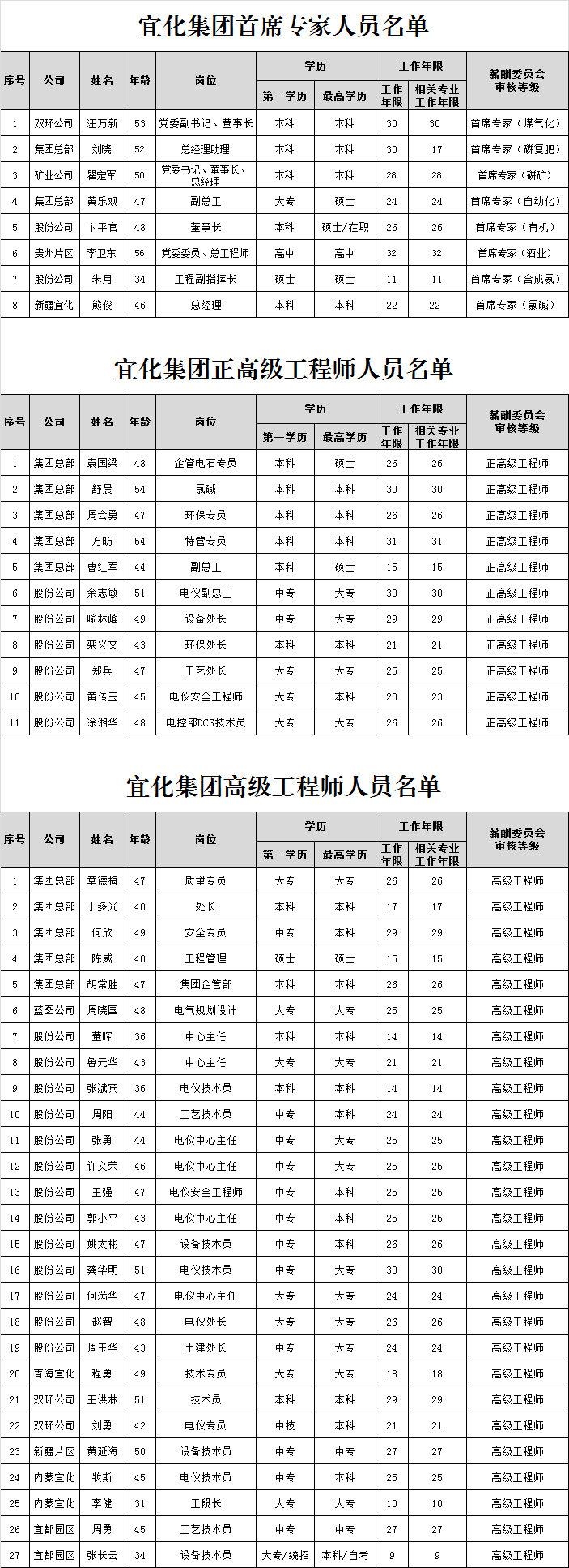 宜化集團(tuán)首席專家、正高級工程師、高級工程師評審結(jié)果公示